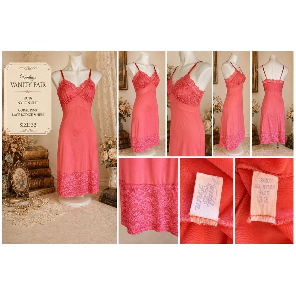 Vintage Vanity Fair 1970s Coral Pink Nylon Slip Lace Bodice Hem Size 32 - Picture 3 of 16